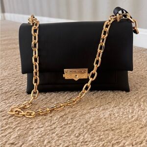 Michael Kors Black Leather Shoulder Bag with Gold Chain Strap